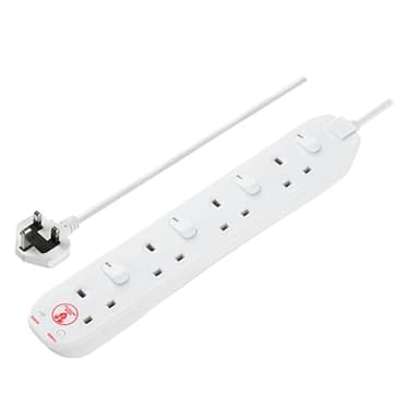 Masterplug Four Socket Extension Lead, 2 Metre Cable, Surge Protection, Individual Switches, Power and Surge LED Indicators, 4-Way Plug Extension Cable, Power Strip, White, 13A, 4G, 2m, SWSRG4210N