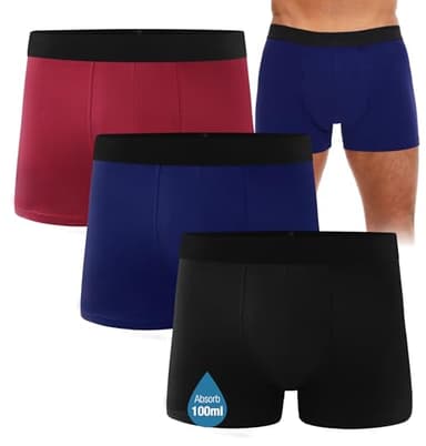FORVEVO 3 Pack Mens Incontinence Pants, Washable Boxers Shorts for Men With Absorbent Protective Pads, Leakproof Underwear Trunks, Reusable Odor Control for Going Out, Post-Surgery (Black&Navy&Red, L)
