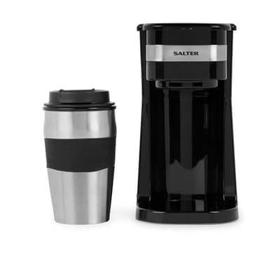Salter One Cup Coffee Maker – Filter Coffee Machine, Washable & Reusable Filter, Includes 420ml Stainless Steel Travel Mug, Brew Coffee To Go In 3-4 Minutes, Suitable For Ground Coffee/Pads