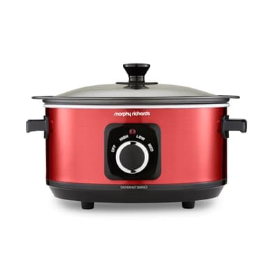 Morphy Richards Accents 3.5L Sear & Stew Slow Cooker, Shatter Resistant Non Stick Aluminium Pot, Single Pot Cooking, Compact, 3 Heat Settings, Hob Proof, Glass Lid, Easy Clean, 163W, Red, 460026