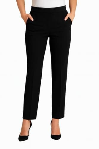 MAARAE Women's Straight Leg Trousers with Elasticated Waist – Comfortable Stretch Pants for Work, Office & Casual Wear | Black 25" | Size 16
