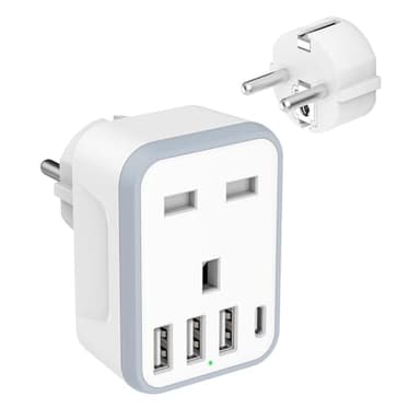 Loydia European Travel Adapter - 5 in 1 UK to EU Adapter with 4 USB Ports, UK to Turkey Travel Plug, Grounded Schuko Plug for Germany, France, Spain, Portugal, Poland, Austria (Type E/F)