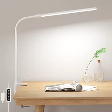 Lepro Desk Lamp Clamp, 460lm Eye-Caring Clip on LED Desk Light, 10 Levels Dimmable, USB Powered Bedside Lamp, 3 Modes Gooseneck Task Light for Nails, Crafts, Studying & Home Office, White