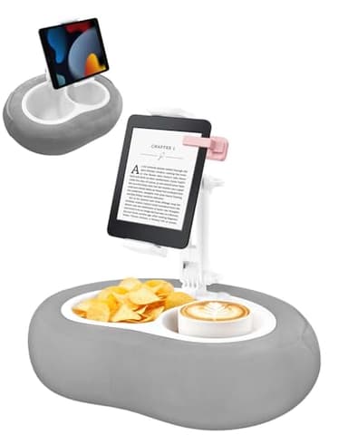 Miledi Tablet Pillow Stand, Kindle Holder,360°Adjustable Tablet Holder Compatible with 5"-12.9" Phone/Tablet, Kindle,iPad,iPhone, Google, Phone Holder for Bed with Snack Bowl and Cup Holder, Grey