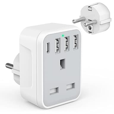 UK to European Travel Adaptor with 4 USB Ports(1 USB C), Grounded EU Euro Europe to UK Power Plug Adapter for Germany Spain France Iceland Greece Poland Netherlands Austria Turkey etc (Type E/F)