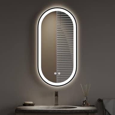 Warmiehomy Bathroom Mirror with LED Lights,Oval 400x800mm Illuminated LED Bathroom Mirror with 3 Colour Dimmable Lights Demister Pad Touch Control,Black Frame