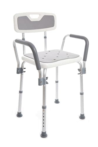 Padded Shower Chair with Height Adjustable Legs, Shower Bench with Padded Seat, Back and Armrest, Non Slip Feet, Bathtub Stool for Elderly, Disabled and Pregnant, 150KG Capacity