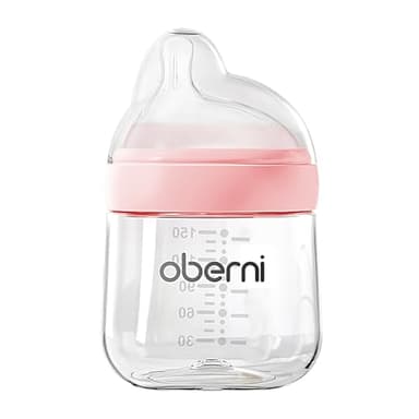 Oberni Baby Bottles with Slow Free Flow Off-Centered Teat for 0+ Months, Anti Colic Newborn Milk Feeding Bottle, 150ml/5oz/Pink/1Pack
