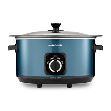 Morphy Richards Accents 6.5L Sear & Stew Slow Cooker, Shatter Resistant Non Stick Aluminium Pot, Single Pot Cooking, 3 Heat Settings, Hob Proof, Glass Lid, Easy Clean & View, Blue, 461023