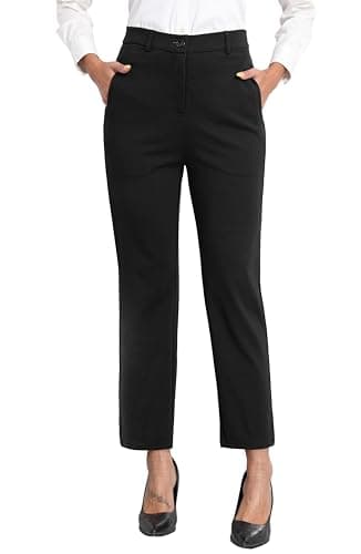 GRECERELLE Womens Work Trousers Office Smart Stretchy High Elasticated Waist Straight Leg Casual Yoga Pants for Women UK with Pockets Zipper (Black, XXL)