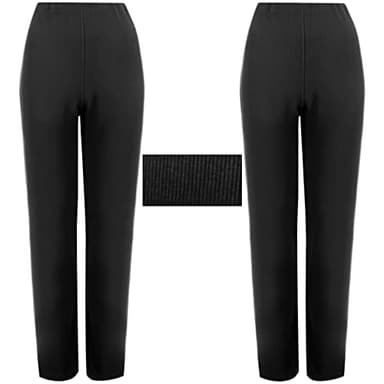 2 Pack Womens Straight Leg Trousers Finely Soft Ribbed Stretch Pull On Ladies Pants Casual Full Elasticated Waist Bottoms (Black 10/27)