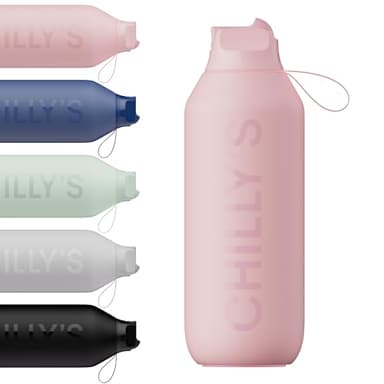 Chilly's Series 2 Flip Water Bottle with Sports Lid - Vacuum Insulated Stainless Steel Water Bottle with Straw, Carry Loop, & Cleaning Brush - No Sweat - 500ml - Blush Pink