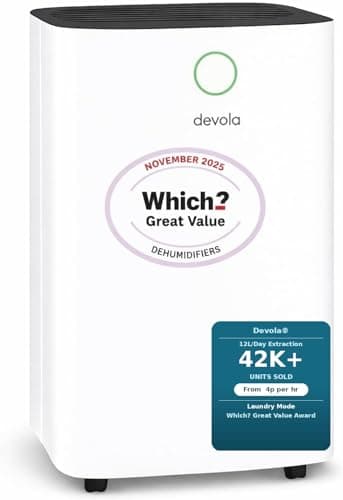 Devola 12L/day Low Energy Dehumidifier, Quiet & Energy Efficient (costs less than 5p per hour) Dehumidifiers for Home, Laundry Drying Dehumidifier, Dust Filter -WHICH? BEST BUY AWARD