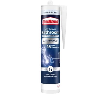Unibond Bath & Kitchen Mould-Resistant, Transparent Silicone Sealant, Silicone-Based Sanitary Sealant, Waterproof Caulk, 1 x 280ml Cartridge