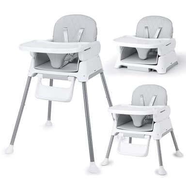 Bellababy High Chair, Adjustable Convertible 3 in 1 Baby Highchair, Booster seat, Toddler Chair Compact/Light Weight/Portable/Easy to Clean (Grey)