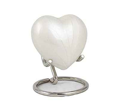 Small Heart Keepsake Cremation Urn for Ashes – 3-Inch Memorial Heart with Secure Screw Lid, Approx 15 Teaspoons Capacity, Includes Display Stand & Velvet Box (Pearl White With Box & Stand)