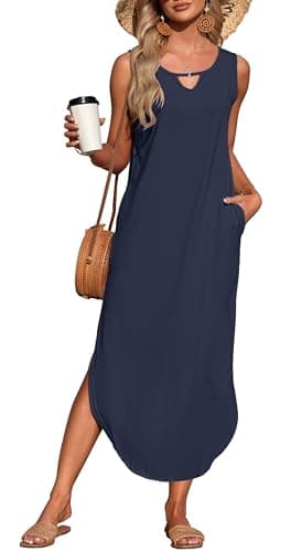 AUSELILU Women's Dress Sleeveless Midi Summer Split Cover Up Beach Maxi Vacation Sun Dresses with Pockets Navy Blue S