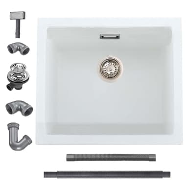 iAnomla Quartz White Kitchen Sink, 50x45cm/20x18in, Composite Inset/Undermount Kitchen Sink Waste Kit,Single Bowl Commercial with Overflow, Suitable for Workstation
