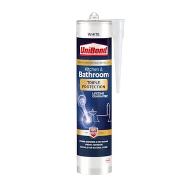 UniBond 2100806 Triple Protection Stop Mould Sealant, Kitchen & Bathroom Sealant, White Silicone Sealant Repels, Kills, Prevents Mould Growth, Long-Lasting Bath Sealant, 1x291g Cartridge