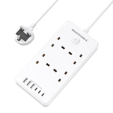 Extension Lead with 6 USB Slots (3 USB C), 4 Way Surge Protected Extension Lead 1.5M with Switch, Wall Mounted Multi Plug Power Strip for Home Bedroom Kitchen Office, White