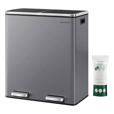 SONGMICS Dual Rubbish Bin, Metal Recycling Bin with 15 Rubbish Bags, 2-Compartment, with Lids, Pedals, Plastic Inner Buckets, Soft Closure, 2 x 8 Gallons (2 x 30 L), Slate Grey LTB060G01