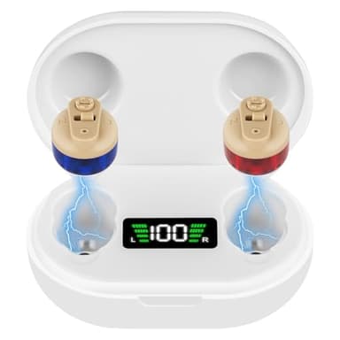 Aolso Mini Digital Sound Aid Voice Enhancer, Rechargeable Sound Headphones for Seniors,Invisible Design,Noise Cancelling, Digital in-Ear Audio Headphones Device with Charging Case-Red&Blue-A