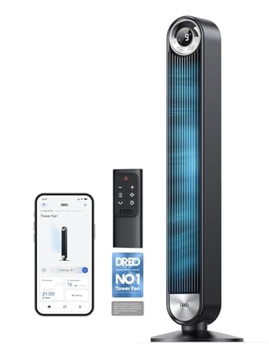 Dreo 25dB Smart Silent Tower Fan, 28 ft/s Velocity Standing Fan for Bedroom, 9 Speeds 4 Modes, Upgraded DC Cooling Fans, 90° Oscillating Bladeless Electric Fans, 12H Timer, WiFi/Alexa/Remote Control
