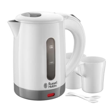 Russell Hobbs Electric 0.85L Travel Kettle, Small & Compact, Dual voltage, Ideal for abroad/caravan/camping, inc 2 cups & spoons, Removable washable anti-scale filter, water windows, 1000W, 23840