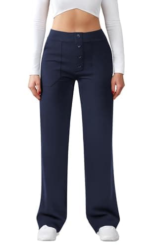Friptspyg Women's High Waist Wide Leg Trousers Button Straight Leg Trousers Casual Work Trousers Stretch Yoga Trousers with Pockets, Navy Blue M