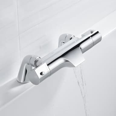 Thermostatic Bath Shower Mixer Deck Mounted Bath Shower Mixer Tap with Waterfall Bath Filler Spout, 38℃ Safety Anti-Scald Thermostatic Shower Mixer Taps Valve Solid Brass, Chrome, 180mm