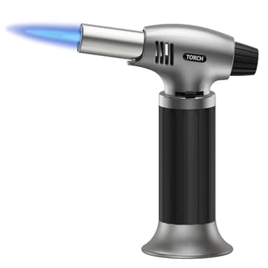 Sondiko Blow Torch, Refillable Kitchen Torch, Creme Brulee Torch with Safety Lock and Adjustable Flame for Desserts, Creme Brulee, and Baking, Silvery-Black