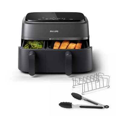 Philips Dual Basket Airfryer 3000 Series, 9L, 2 Drawer Air Fryer, with Breakfast Kit, Rapid Air Technology, Versatile Large Air Fryer for Family, 99% Less fat and Energy Saving, HomeID App (NA350/03)