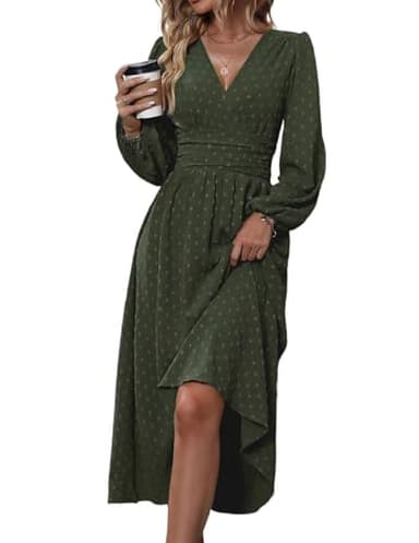 HUXRAKV Casual Wrap Dresses for Women UK Elegante Ladies V Neck Long Lantern Sleeve Ruffled Waist Maxi Party Dress,37-Green,L