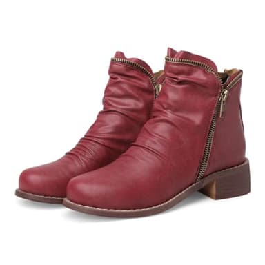 Women's Low Chunky Heel Booties,Comfy Round Toe Side Zipper Winter Ankle Boots,Vintage Leather Casual Dressy Shoes,Burgundy,10 UK