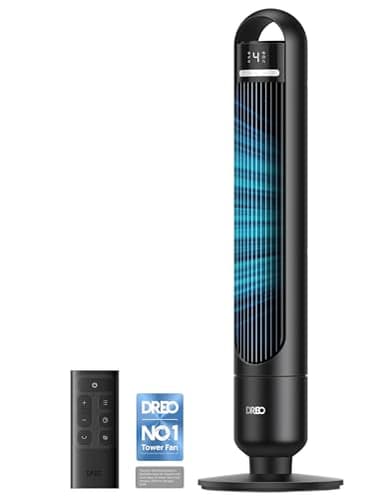 DREO Quiet Tower Fan for Bedroom& Home, 25ft/s Powerful Airflow, 29ft Coverage, 1-8H Timer, 4 Speeds, 3 Modes, 28dB Bladeless Fan with Remote Control, 90° Oscillating Cooling Fan, LED Display