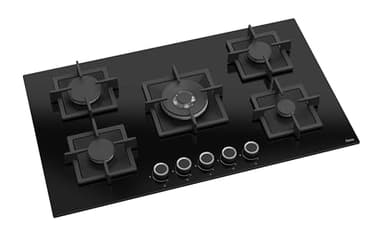 Ferre SC045-90cm Built-in Gas Hob - 5 Burners - Cast Iron Pan Supports - Wok Burner - Black Glass
