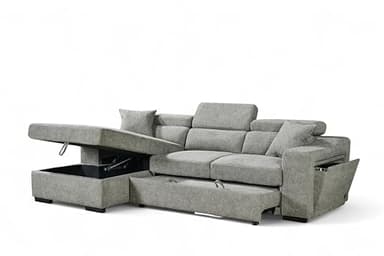 Grey Fabric Corner Sofa Bed with Storage, USB and Wireless Charging Dock ARTHUR - L Shaped Pull Out Sofa Bed 3 Seater for Family Living Room with Cushions, 220 x 140 cm Sleeping Area, Left Hand