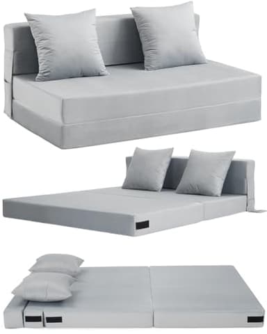 Aptliton 4-in-1 Folding Sofa Bed Double, Fold Out Sofa Couch with Velvet Cover & 2 Cushions, Floor Mattress Lounger for Living Room, Comfy Foldable Sofa Chair Bed, Removable Cover, Washable(135*190CM)