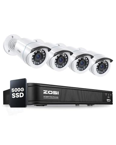 ZOSI Wired CCTV Security Camera System Outdoor Indoor, 8CH 5MP H.265+ Lite DVR Recorder with 500GB SSD, 4 x 1080p Weatherproof Home Surveillance Cameras, Motion Detection, 80ft Night Vision