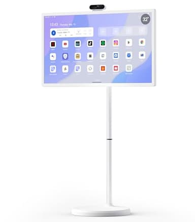Cozyla Tablet TV: 32" Smart Portable TV on Wheels, 1080P Touch Screen Monitor with Built-in Battery, Android OS with 4K Camera, Wireless Casting, Full Swivel Rolling Stand for Home & Office, White