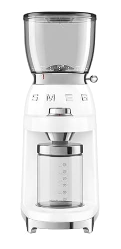 Smeg CGF01WHUK Coffee Grinder, Aluminium Construction, 50's Retro Style, 8 Programme Settings and 3 Grinding Grades, White