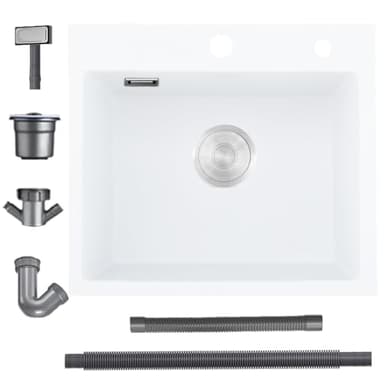 Bokaiya White Kitchen Sink, 55x45cm Quartz Composite Kitchen Waste Kit, Drop in Topmount Single Bowl, Small Sink with 2 Tap Holes and Siphon, Overfolw, Suitable for Workstation