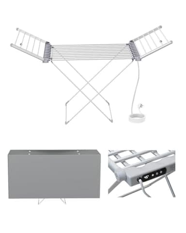 Electric Heated Clothes Airer with Cover, Touch Screen Controls Heated Clothes Dryer Rack, Temperature Control 30°C to 70°C Heated Airers Clothes Indoor, Foldable, 1-9 Hour Timer, 18 Heated Pipes