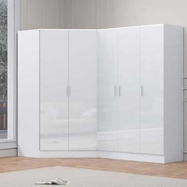 Reflect 2 Piece Wardrobe Bundle | 2 Door Corner + 3 Door Plain | White Gloss & Matt White Finish | H: 180cm x W: 179cm x D: 103cm | Modern Bedroom Furniture Storage Solution