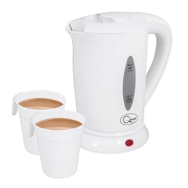 Quest White Compact Travel Kettle, 0.5 Litres, 600 Watt & Dual Voltage for Worldwide Use, Includes 2 Lightweight Cups, Auto Cut-Off Switch, Fits in Bags & Suitcases (35440)