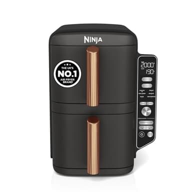 Ninja Double Stack XL Air Fryer, Vertical Dual Drawer Air Fryer with 4 cooking levels, 2 Drawers & 2 Racks, Space Saving Design, 9.5L Capacity, 6 Functions, 8 Portions, Tongs, Black/Copper SL400UKCP