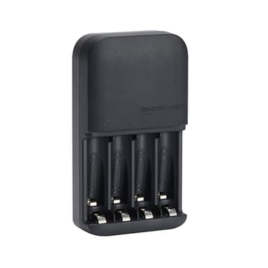 Amazon Basics Battery Charger for Rechargeable AA and AAA NiMh Batteries – UK Plug, 4-Bay, Black