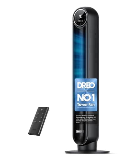 DREO 25dB Silent Tower Fan, 28 ft/s Velocity Electric Cooling Fan with Remote, 90° Oscillating 8 Speeds 4 Modes 8H Timer LED Display, DC Motor Quiet Standing Bladeless Floor Fans for Bedroom, Black