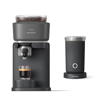 Philips Baristina Espresso Machine+Milk Frother Bundle. Real espresso. Compact coffee machine, portafilter, grinder, Cafe Crema. Dairy & Non-Dairy Milk foam​. Hot & Cold. Easy Clean. Black (BAR303/60)