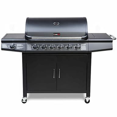 CosmoGrill Pro Deluxe 7 Gas Burner 6+1 Barbecue Grill Steel Warming Rack, Side-Burner, Built-in Temperature Gauge for Home Garden Party Outdoor Cooking (Black)